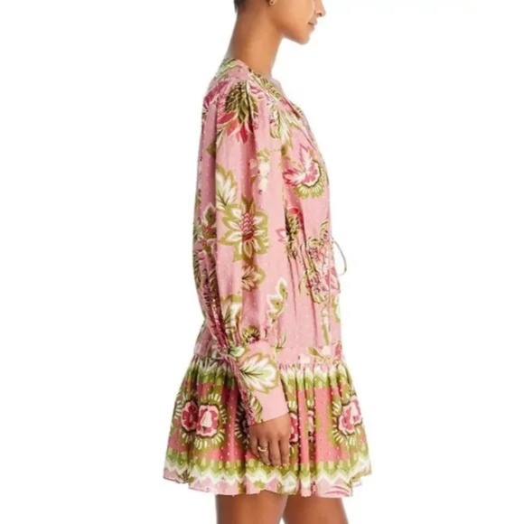 Farm Rio Aura Peasant Dress Women's Pink Floral Cotton Beaded Tassels Boho (S) - Picture 5 of 16